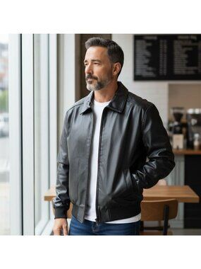 Vintage Shake Wolf Mens Bomber Jacket Faux Leather Black M Flag Lined